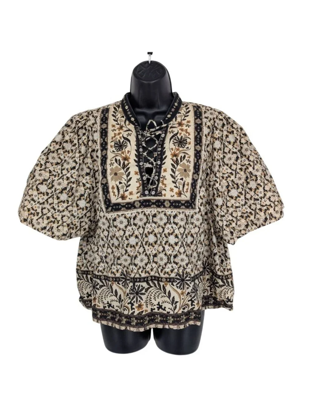 Anthropologie Lace Up Bohemian Peasant Top Floral Puff Sleeve Folk XLarge Petite